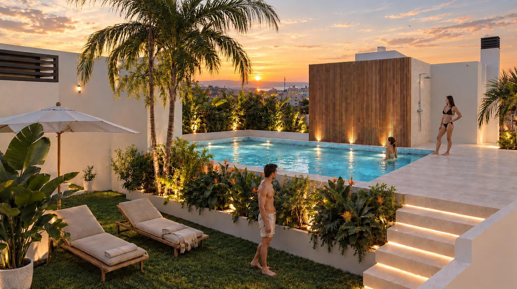 Xavia listing rendering of the communal pool and rooftop gardens at the Santa Pola development