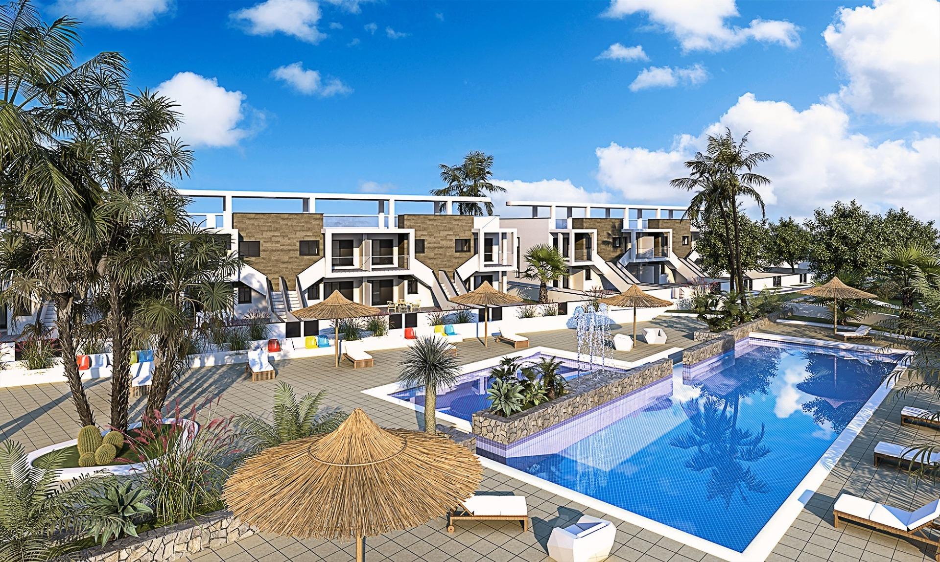 Xavia listing rendering of bungalows around a communal pool in Mil Palmeras